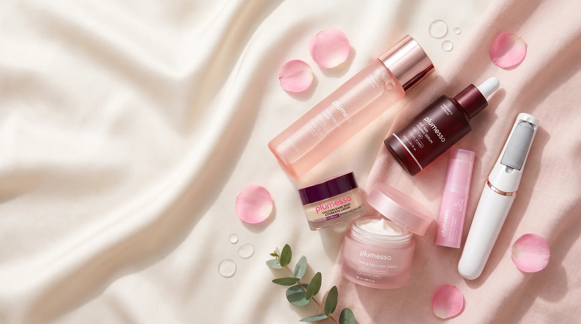 The Plumessa range — Multi Balm, Velvet 4 Pro, Calcium Eye Cream and the routine sets in a soft studio flat-lay